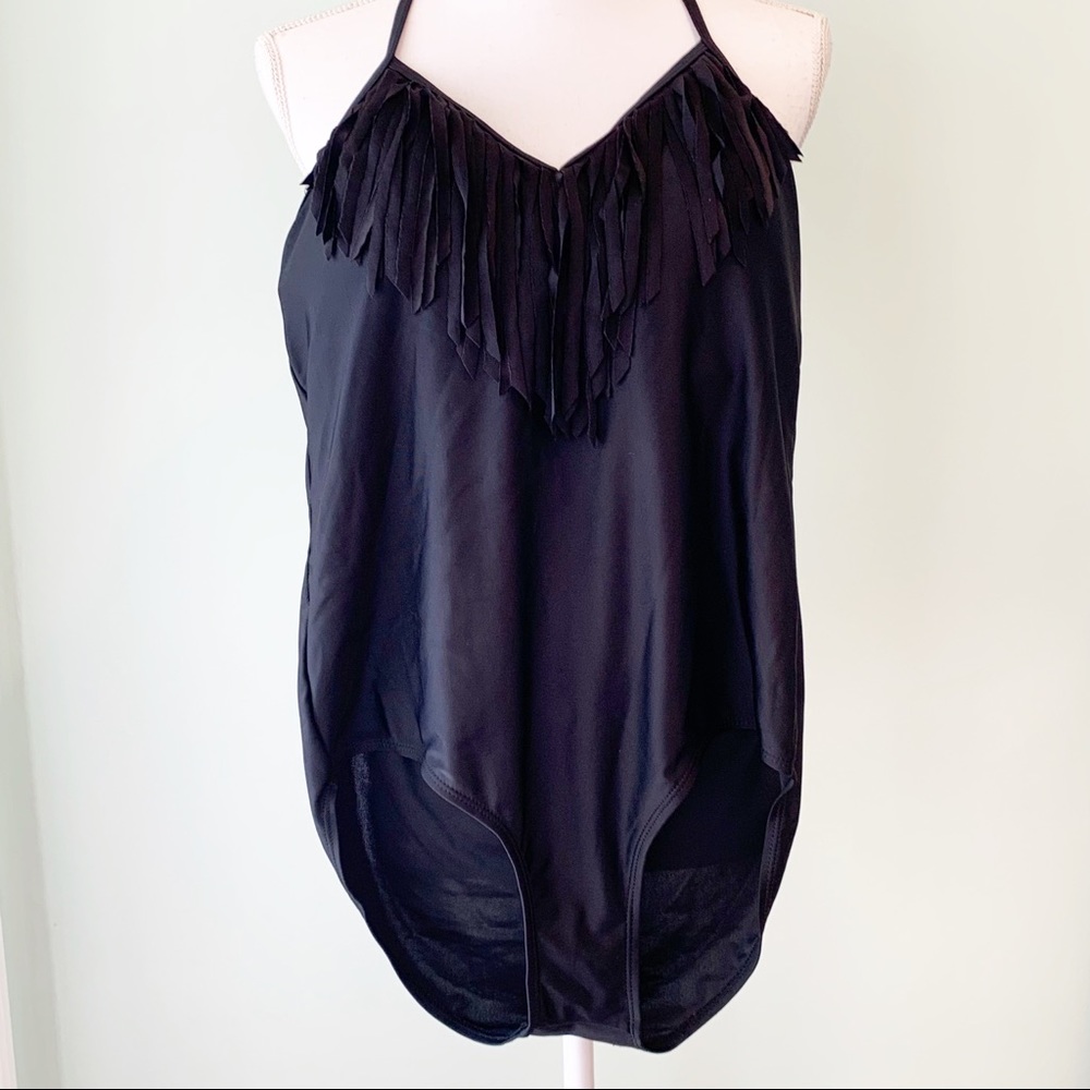 🏷️ Bobbie Brooks Ladies Black Fringe One Piece Halter Swimsuit Bathing Suit 1X